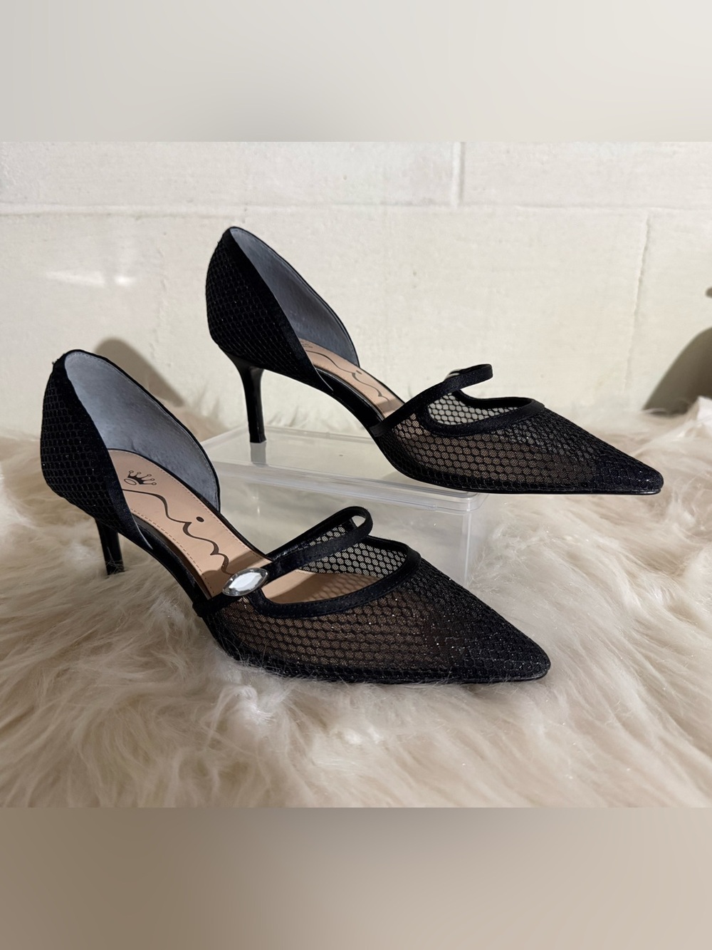 Nina Black Mesh Pointed Mary Jane Heels